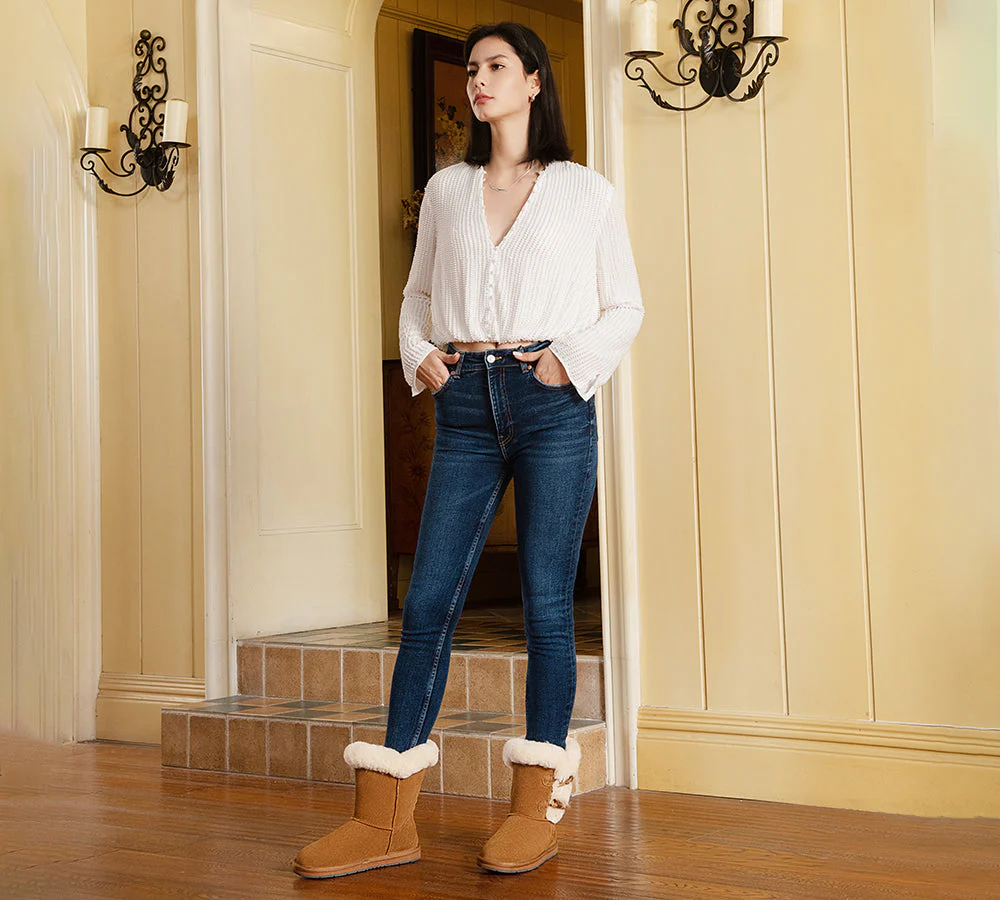 AUSTRALIAN SHEPHERD? UGG Boots Women Sheepskin Wool Horn Toggle Closure Short Talia