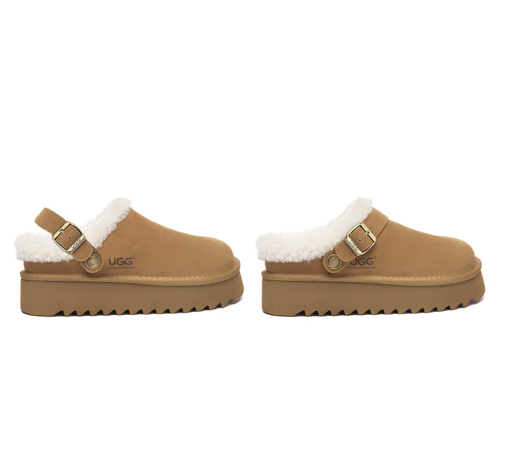 AUSTRALIAN SHEPHERD? UGG Slippers Sheepskin Wool Adjustable Strap Platform Pulsey