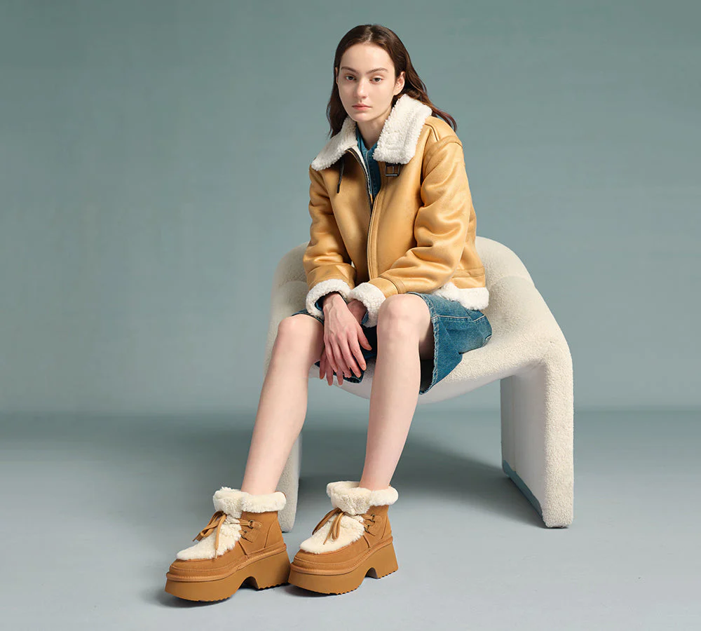 AUSTRALIAN SHEPHERD? UGG Boots Women Sheepskin Wool Lace Up Chunky Platform Bumpy