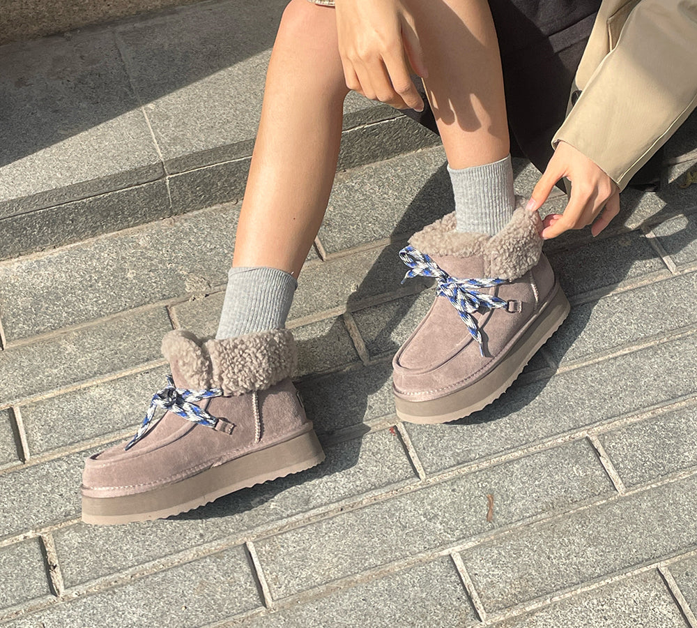 UGG EVERAU? UGG Boots Women Sheepskin Wool Lace Up Ankle Platform Honour