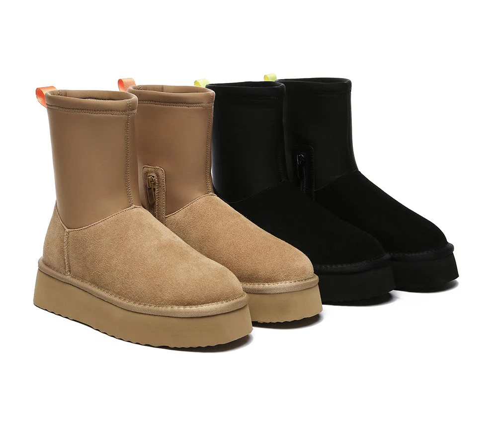 UGG EVERAU? UGG Boots Women Sheepskin Wool Zipper Decor Stretchy Mid Calf Platform Ethel