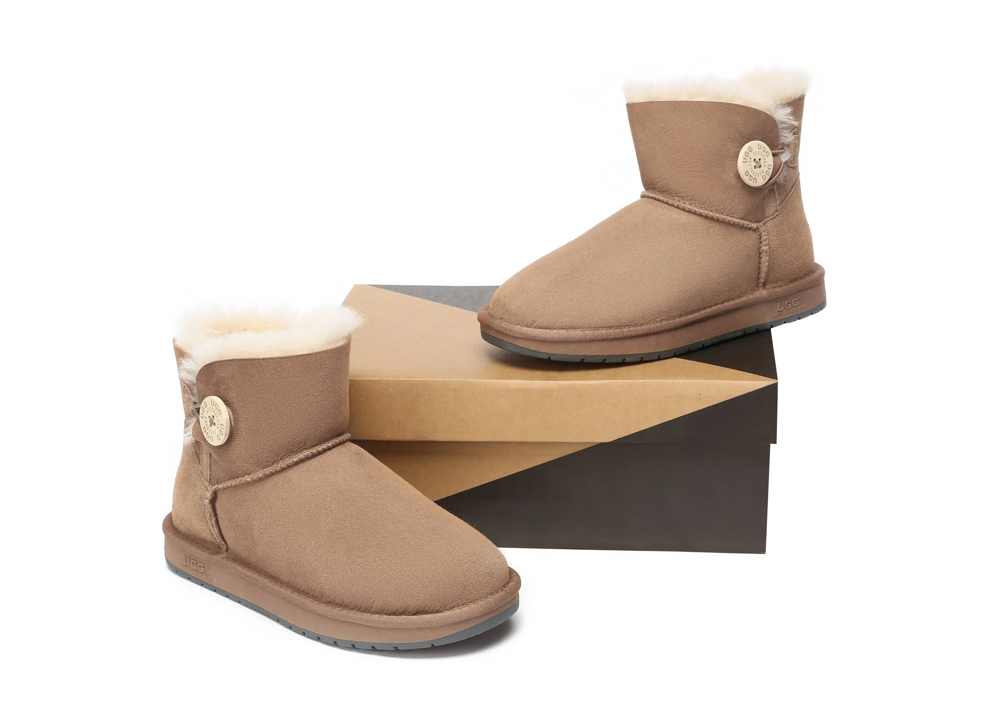 AUSTRALIAN SHEPHERD? UGG Boots Double Face Sheepskin Wool Mini Button