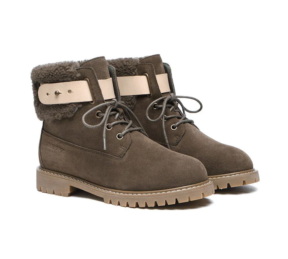 EVERAU? Women Sheepskin Wool Lace Up Fashion Boots Martin