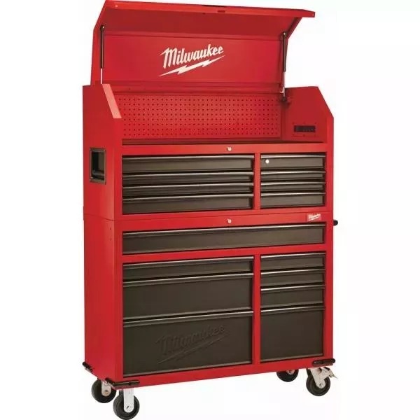 46 IN. 16-DRAWER STEEL TOOL CHEST AND ROLLING CABINET SET, TEXTURED RED AND BLACK MATTE