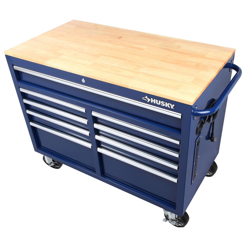 46 in. W x 24.5 in. D 9-Drawer Gloss Blue Deep Tool Chest Mobile Workbench with Hardwood Top