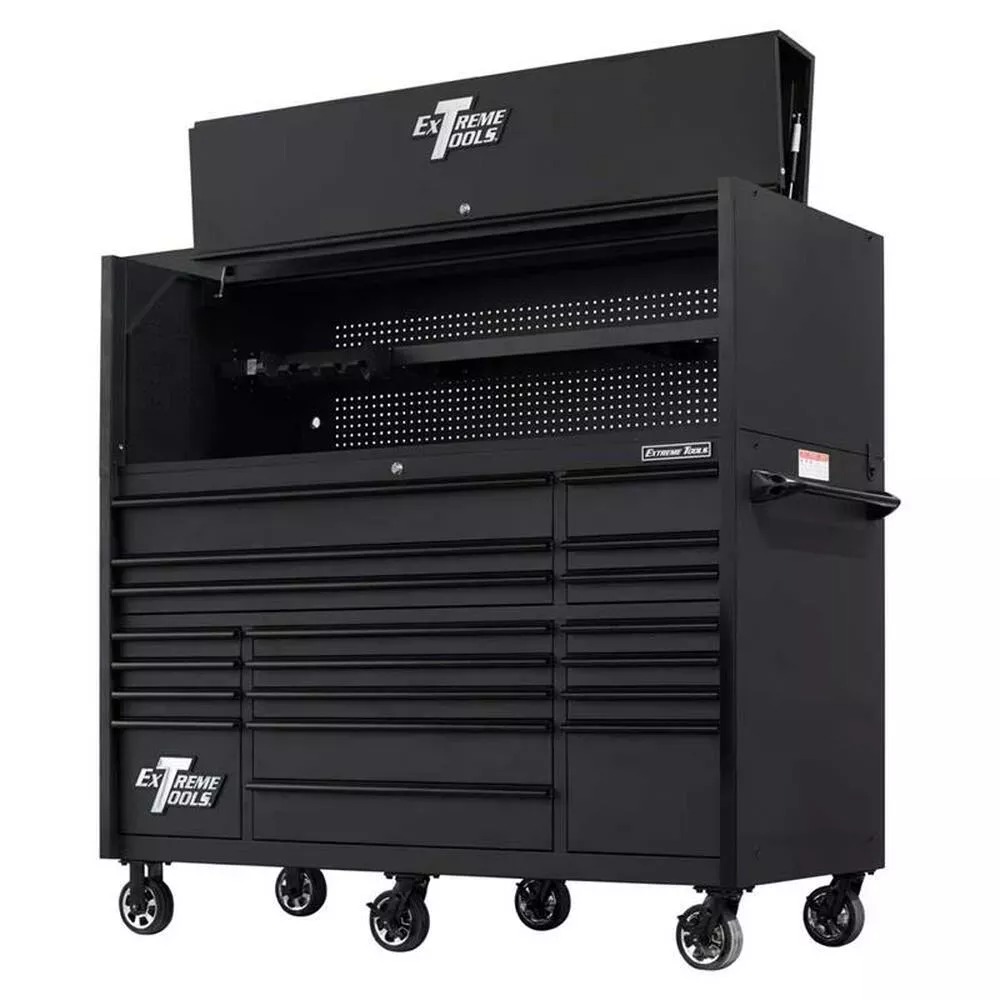 EXTREME TOOLS 72 RX SERIES 19-DRAWER 30 DEEP ROLLER CABINET W/HUTCH - MATTE BLACK W/BLACK DRAWER PULLS