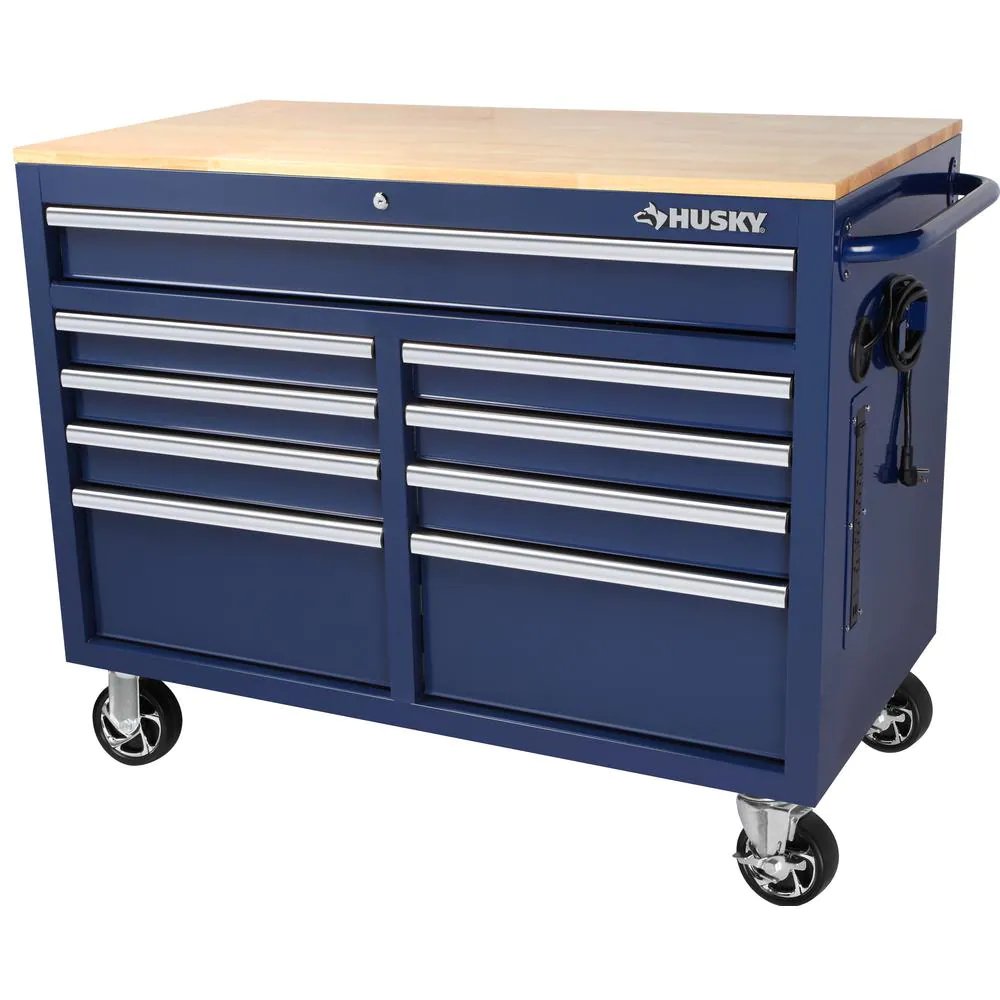 46 in. W x 24.5 in. D 9-Drawer Gloss Blue Deep Tool Chest Mobile Workbench with Hardwood Top