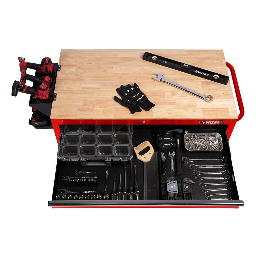 46 in. W x 24.5 in. D 9-Drawer Gloss Red Deep Tool Chest Mobile Workbench with Hardwood Top