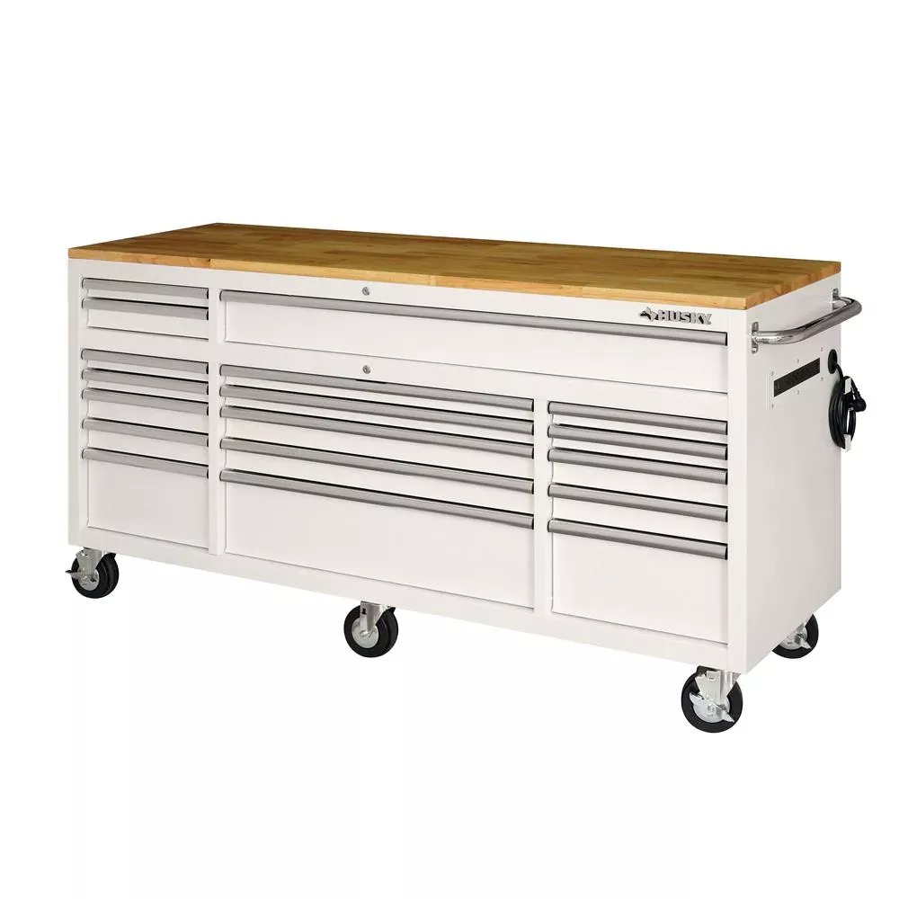 72 IN. 18-DRAWER MOBILE WORKBENCH WITH SOLID WOOD TOP IN GLOSS WHITE