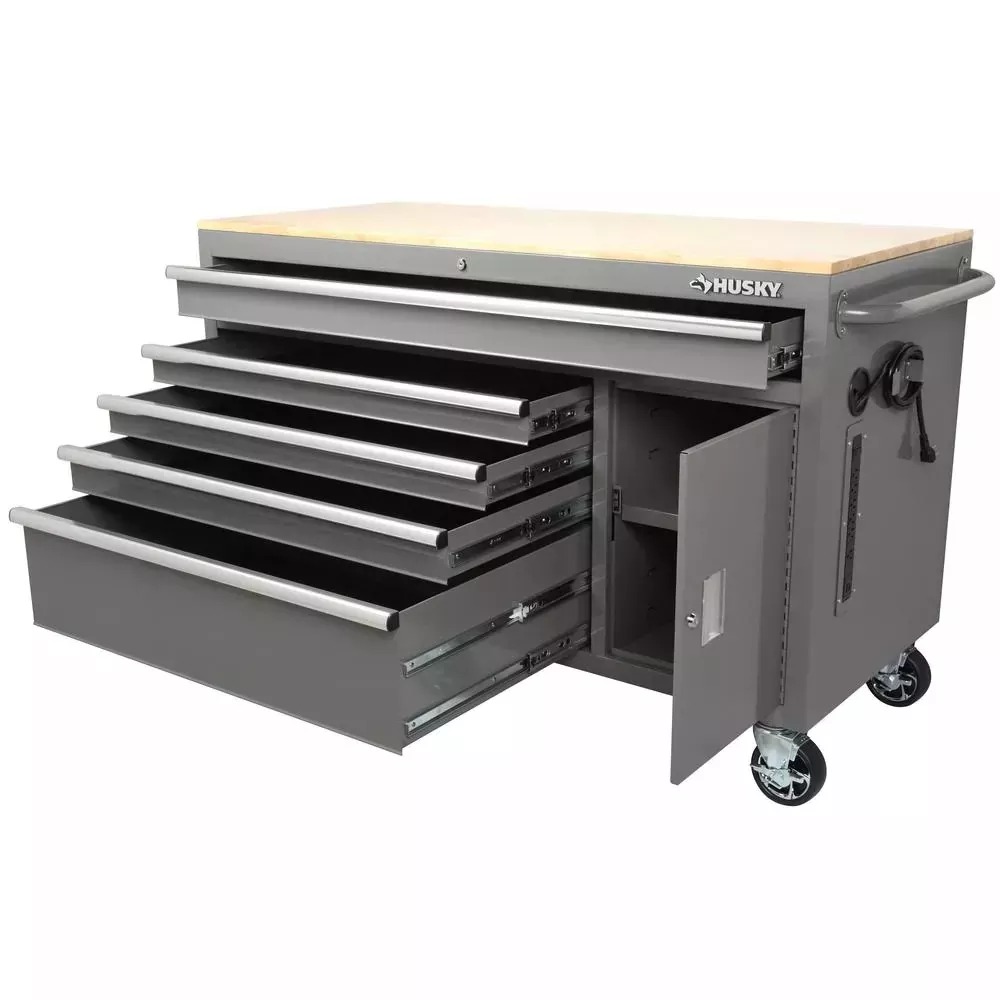56 IN. W 5-DRAWER 1-DOOR, DEEP TOOL CHEST MOBILE WORKBENCH IN GLOSS GRAY WITH HARDWOOD TOP