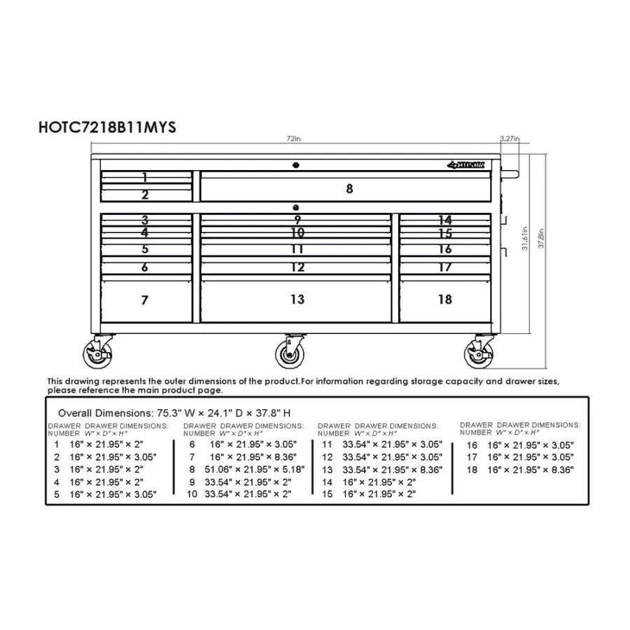 72 IN. 18-DRAWER MOBILE WORKBENCH WITH SOLID WOOD TOP, BLACK