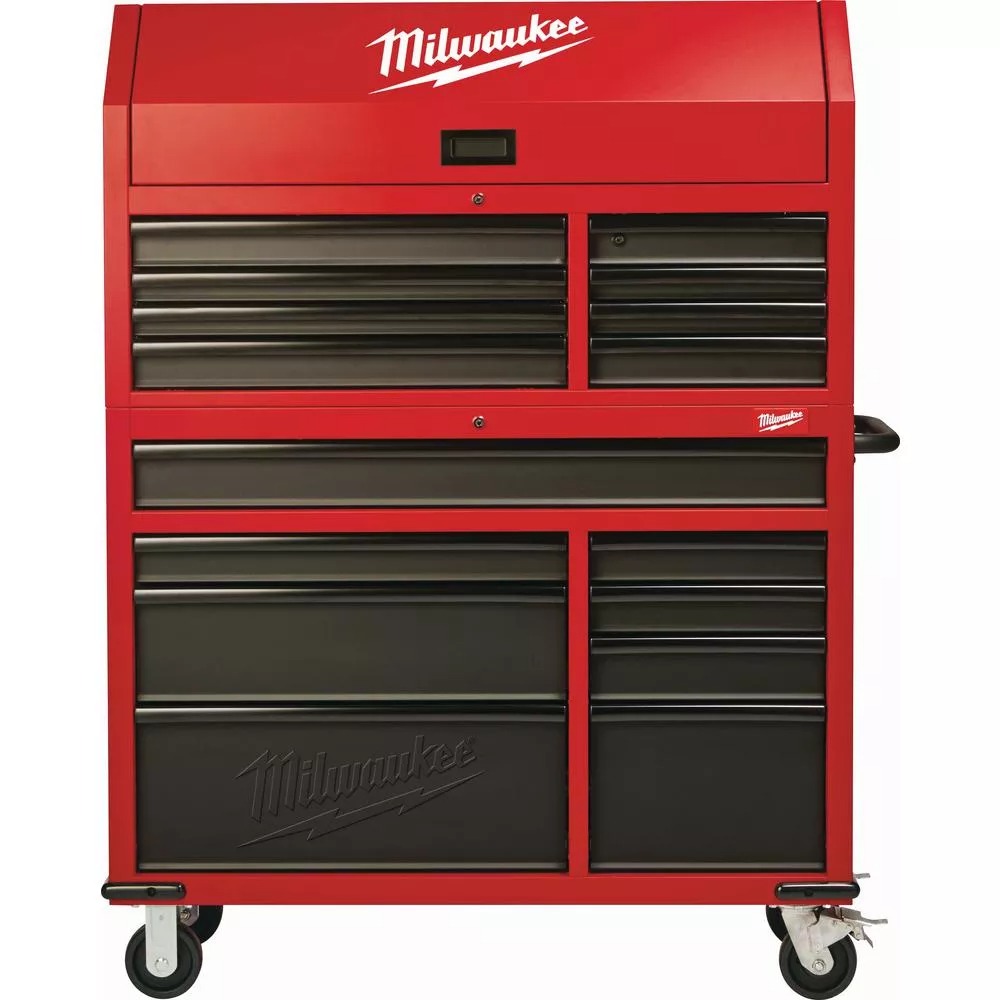 46 IN. 16-DRAWER STEEL TOOL CHEST AND ROLLING CABINET SET, TEXTURED RED AND BLACK MATTE