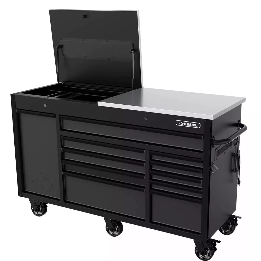 HEAVY-DUTY 63 IN. W 11-DRAWER, DEEP TOOL CHEST MOBILE WORKBENCH IN MATTE BLACK WITH FLIP-TOP STAINLESS STEEL TOP