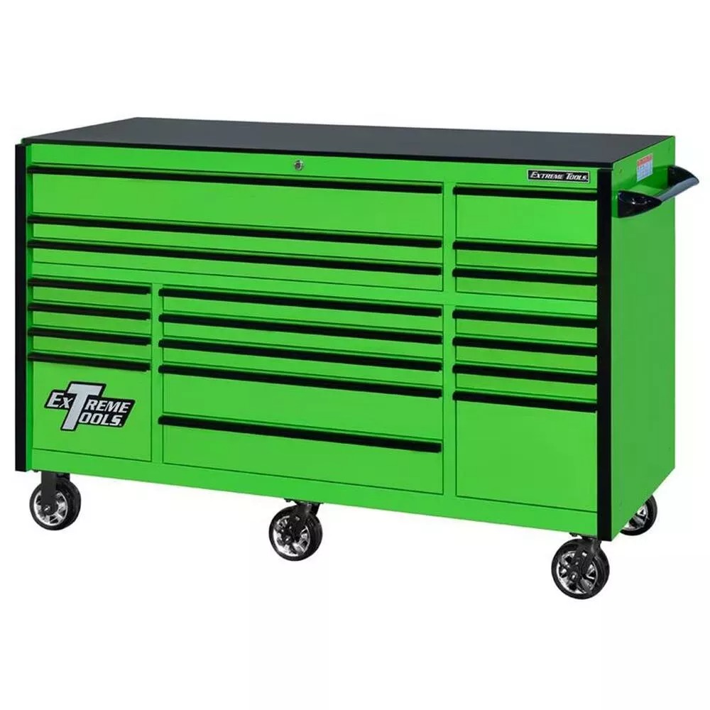 EXTREME TOOLS 72 RX SERIES 19-DRAWER 30 DEEP ROLLER CABINET - GREEN W/BLACK DRAWER PULLS
