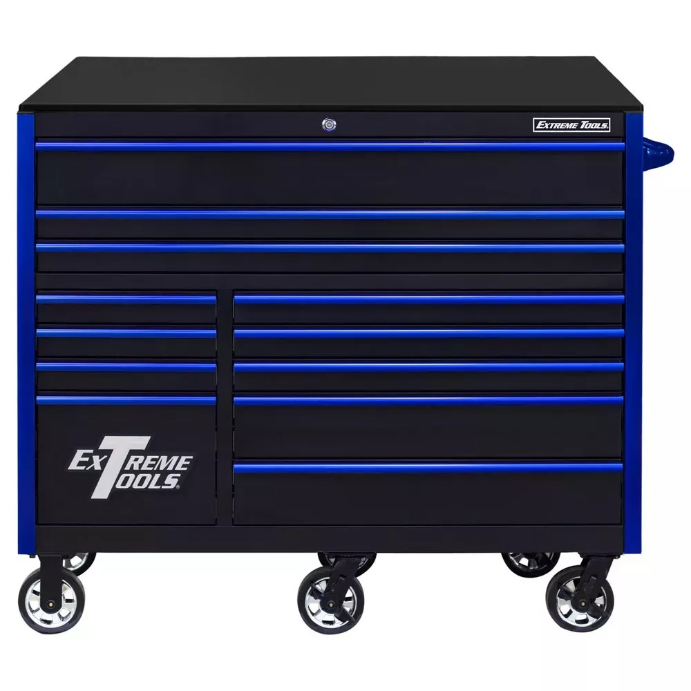 EXTREME TOOLS RX SERIES 55 12-DRAWER ROLLER - BLACK W/BLUE DRAWER PULLS