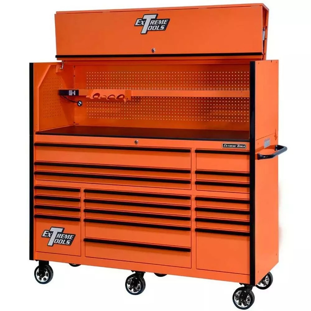 EXTREME TOOLS 72 RX SERIES 19-DRAWER 25 DEEP ROLLER CABINET W/HUTCH, 150 LB SLIDES - ORANGE W/BLACK HANDLES