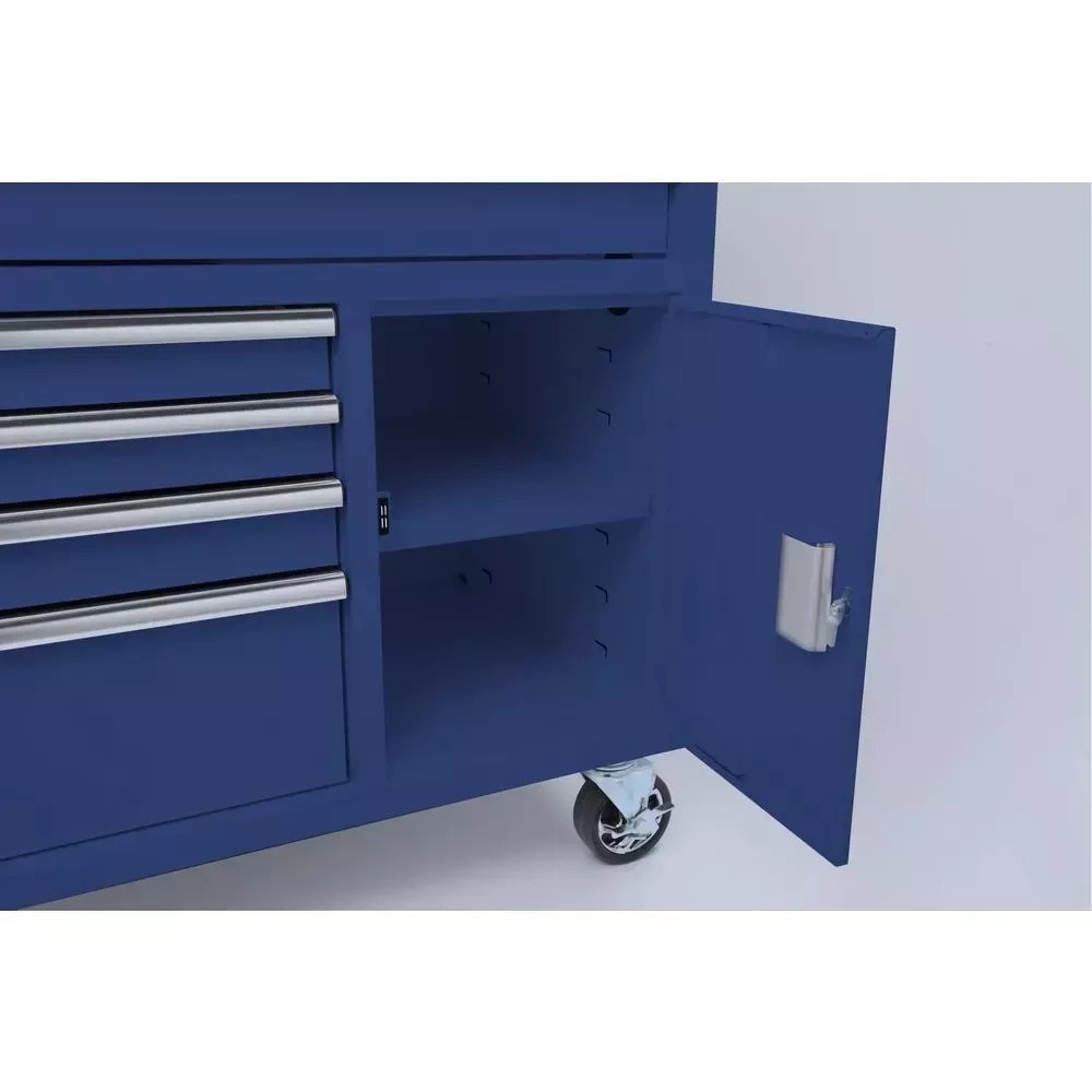 56 IN. W 5-DRAWER 1-DOOR, DEEP TOOL CHEST MOBILE WORKBENCH IN GLOSS BLUE WITH HARDWOOD TOP