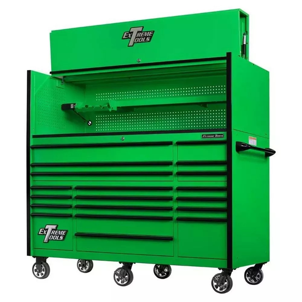 EXTREME TOOLS 72 RX SERIES 19-DRAWER 30 DEEP ROLLER CABINET W/HUTCH - GREEN W/BLACK DRAWER PULLS