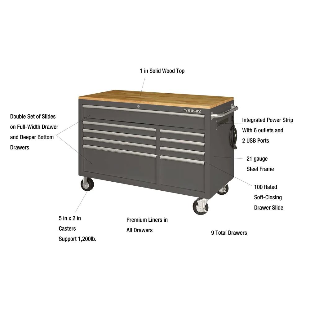52 in. 9-Drawer Mobile Workbench in Gloss Gray