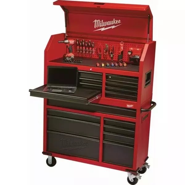 46 IN. 16-DRAWER STEEL TOOL CHEST AND ROLLING CABINET SET, TEXTURED RED AND BLACK MATTE