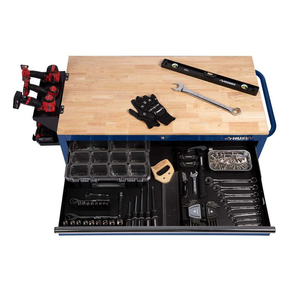 46 in. W x 24.5 in. D 9-Drawer Gloss Blue Deep Tool Chest Mobile Workbench with Hardwood Top