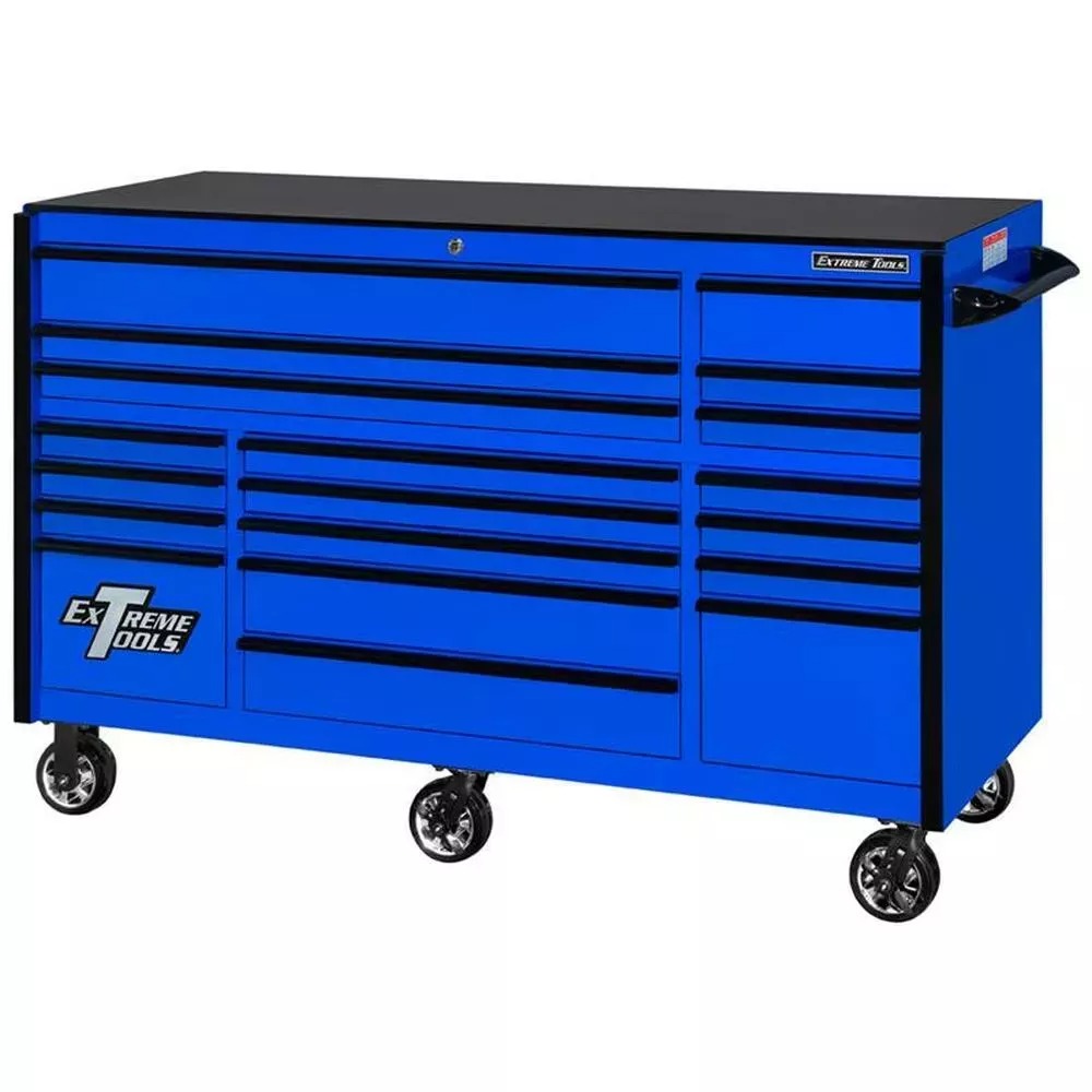 EXTREME TOOLS 72 RX SERIES 19-DRAWER 30 DEEP ROLLER CABINET - BLUE W/BLACK DRAWER PULLS