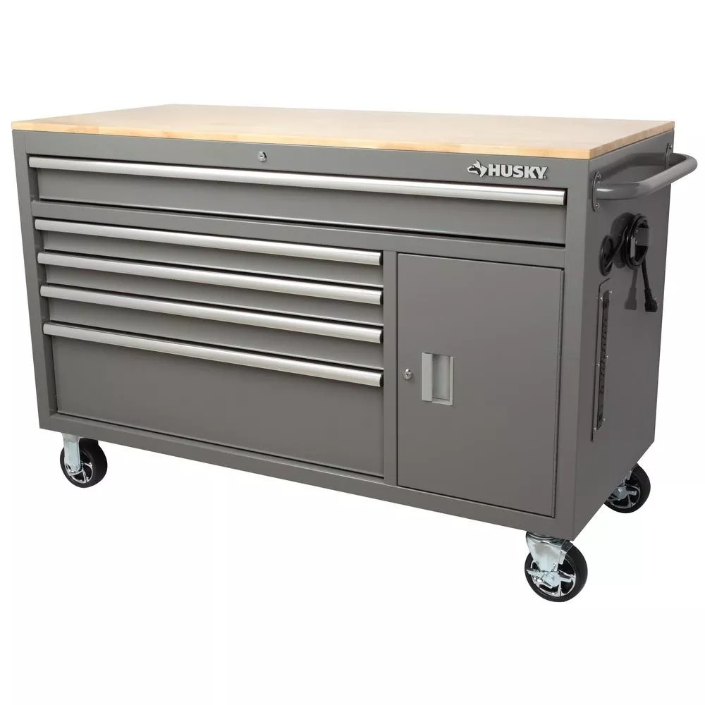 56 IN. W 5-DRAWER 1-DOOR, DEEP TOOL CHEST MOBILE WORKBENCH IN GLOSS GRAY WITH HARDWOOD TOP