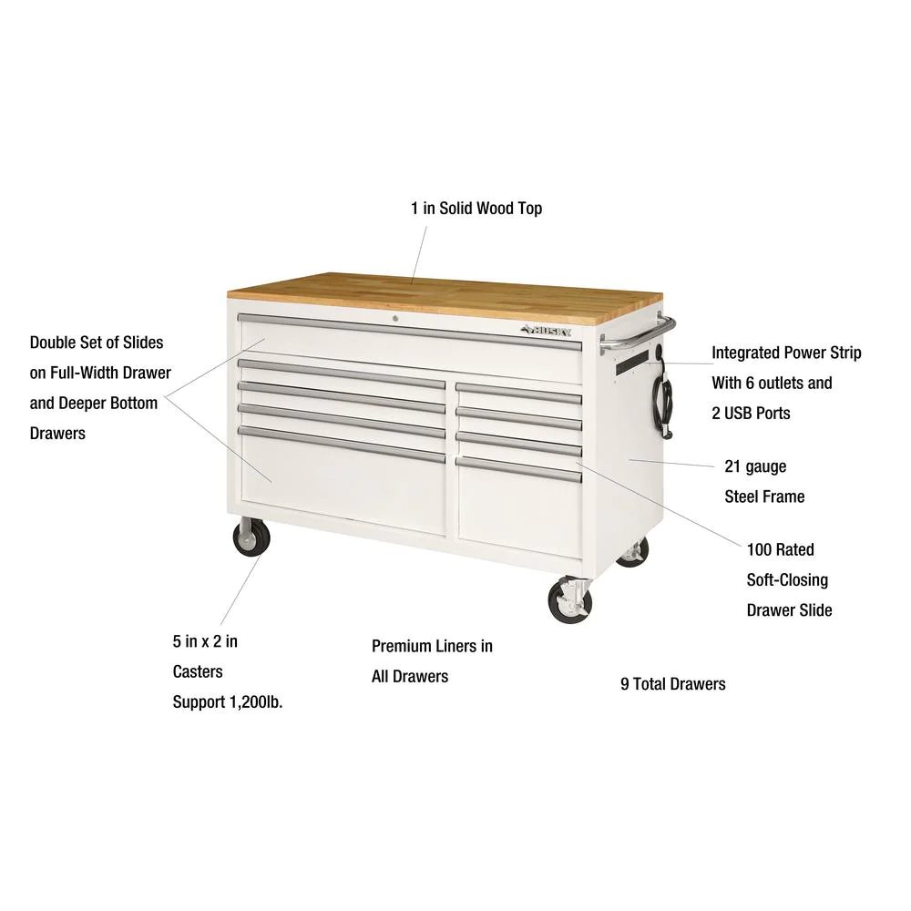 52 in. 9-Drawer Mobile Workbench in Gloss White