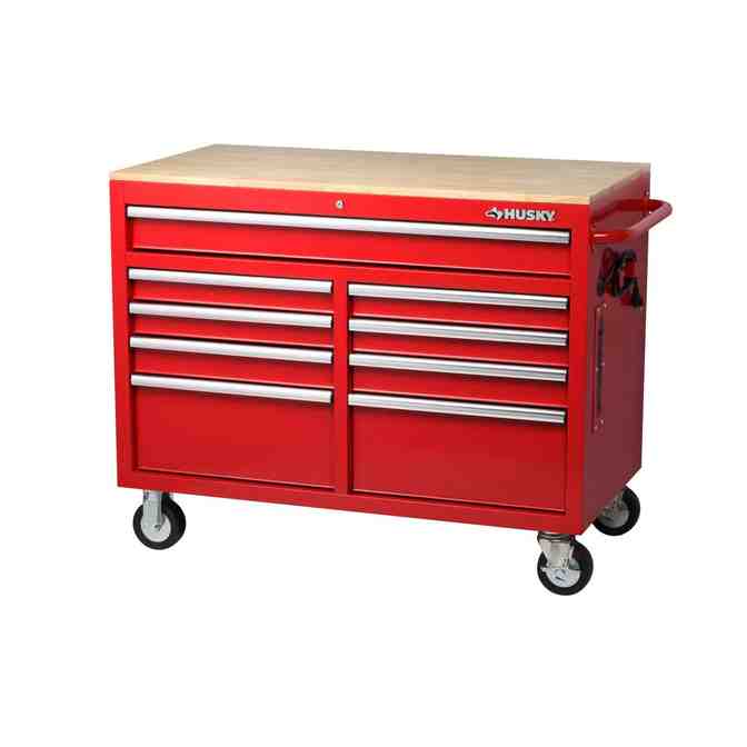 46 in. W x 24.5 in. D 9-Drawer Gloss Red Deep Tool Chest Mobile Workbench with Hardwood Top