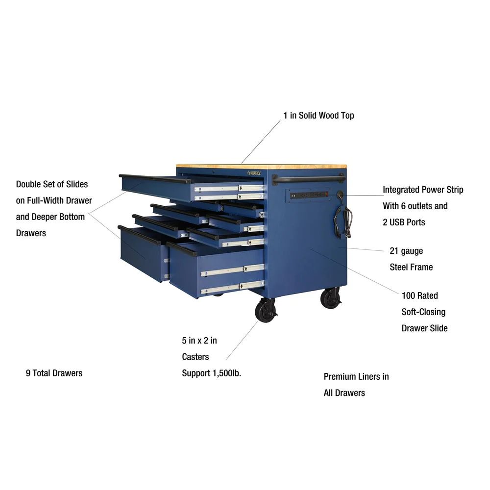 56 in. 9-Drawer Mobile Workbench in Matte Blue
