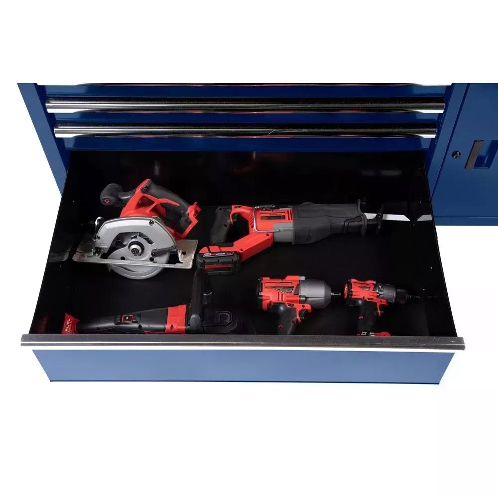 56 IN. W 5-DRAWER 1-DOOR, DEEP TOOL CHEST MOBILE WORKBENCH IN GLOSS BLUE WITH HARDWOOD TOP