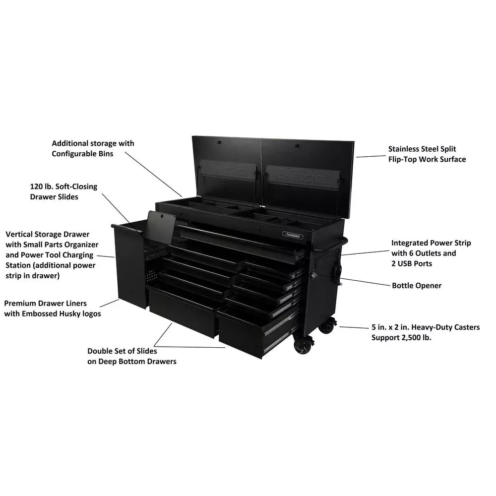 HEAVY-DUTY 63 IN. W 11-DRAWER, DEEP TOOL CHEST MOBILE WORKBENCH IN MATTE BLACK WITH FLIP-TOP STAINLESS STEEL TOP