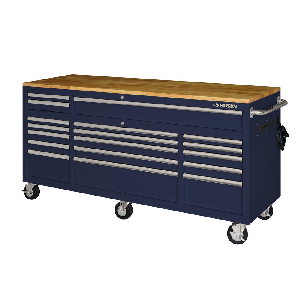72 in. 18-Drawer Mobile Workbench with Solid Wood Top in Gloss Blue