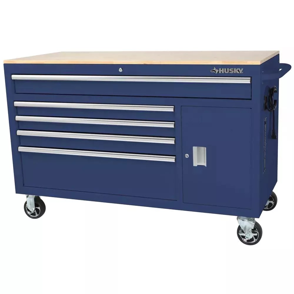 56 IN. W 5-DRAWER 1-DOOR, DEEP TOOL CHEST MOBILE WORKBENCH IN GLOSS BLUE WITH HARDWOOD TOP